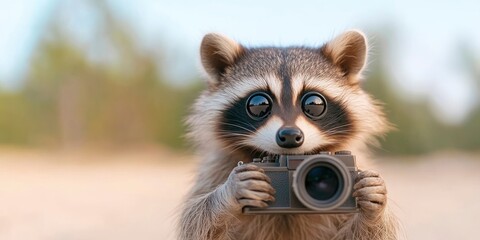 Obraz premium A shadowy raccoon photographer with a vintage camera and pilot sunglasses is taking pictures on the seashore.