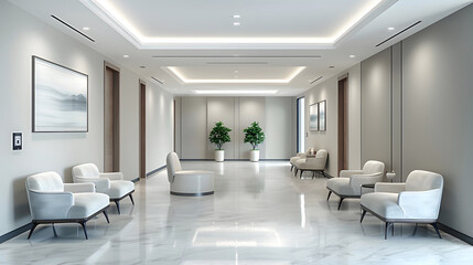 Minimalist entrance hall of a polyclinic with modern waiting area and natural light. Generative by AI