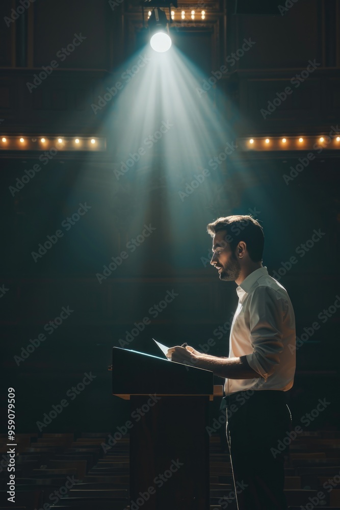 Aufkleber a person speaking from a podium with a microphone, ideal for presentations and public speaking