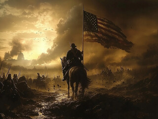 American Revolution Civil War - battle, soldiers, American flag, battlefield, stormy sky, war, historical, dramatic, patriotism, conflict, unity, rider, cavalry, landscape, freedom