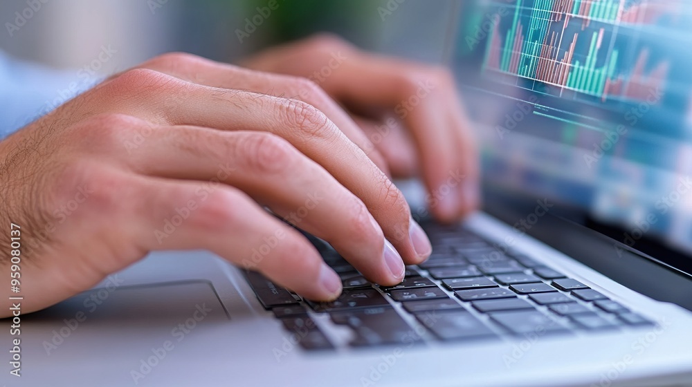 Poster a man typing on a laptop computer with his hands, ai