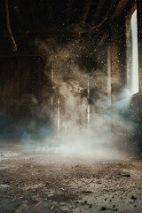 A horse standing in a barn with smoke emanating from the chimney