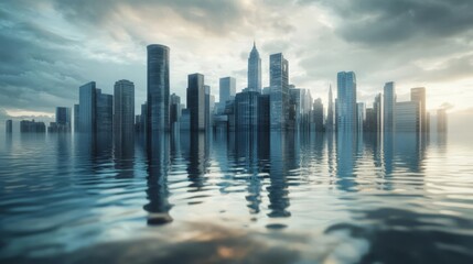Fototapeta premium Futuristic city skyline with modern skyscrapers reflecting in calm water under a dramatic sky, capturing urban tranquility.