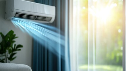 Modern air conditioner blowing cool air in a living room.