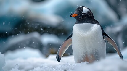 Fototapeta premium A gentoo penguin stands on a snowy landscape, looking to the side. The penguin is a symbol of Antarctica and wildlife conservation.