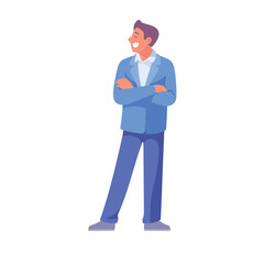 Happy Man Standing with Folded Arms and Talking to Somebody Vector Illustration