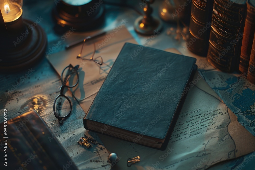 Poster a close-up of a book and pair of glasses placed on a table