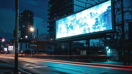 A city street billboard at night with bright lights and urban scenery