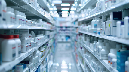 Fototapeta premium A pharmacy shelf with many bottles of medicine