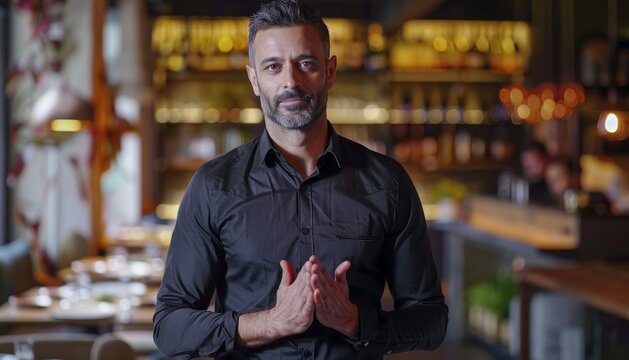 A bearded man in a black shirt poses in front of his local restaurant