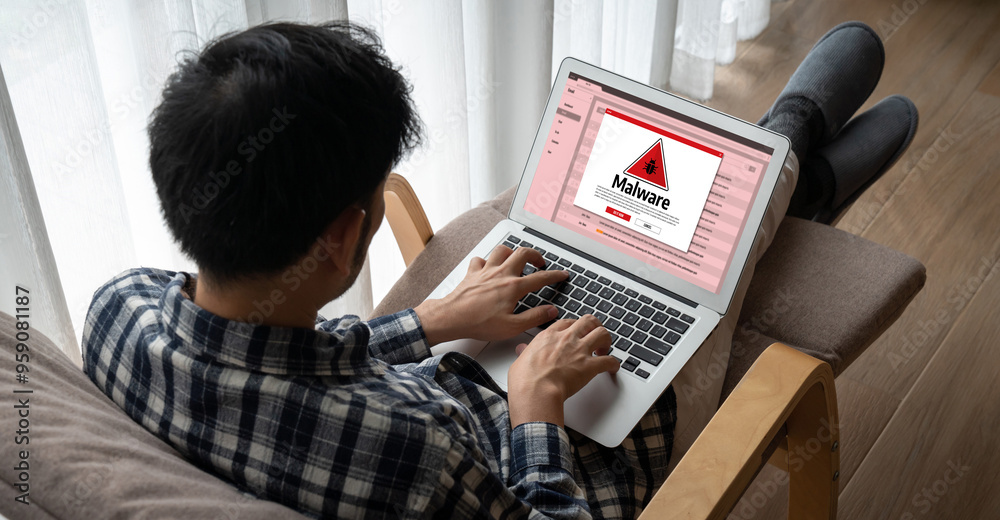 Poster cyber attacking concept. malware alert showing on computer screen display scam and threat detection 