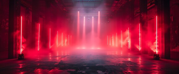 Red neon lights illuminate an empty industrial space with smoke and fog.