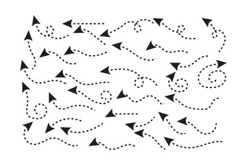 Set of black dotted arrows in doodle style. Broken arrows in the form of a loop. Flow direction. Pointers to the wire, up, down. Curved line. Vector illustration.