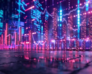 Fototapeta premium Neon cityscape with glowing lines and reflections, symbolizing technology, innovation, and urban development.