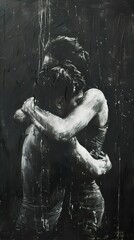 A black and white painting of two people embracing in a dark setting.
