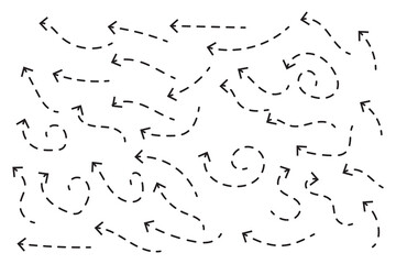 Set of black dotted arrows in doodle style. Broken arrows in the form of a loop. Flow direction. Pointers to the wire, up, down. Curved line. Vector illustration.