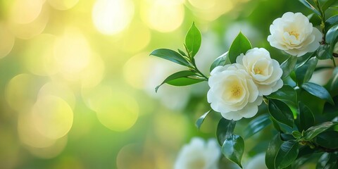 Obraz premium A soft, light abstract background featuring delicate white camellia flowers and lush green leaves, ideal for copy space