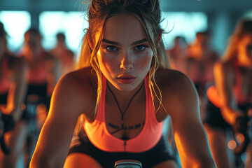 A dynamic group cycling class with participants pedaling energetically to the rhythm of upbeat music. Concept of indoor cycling and cardiovascular fitness.