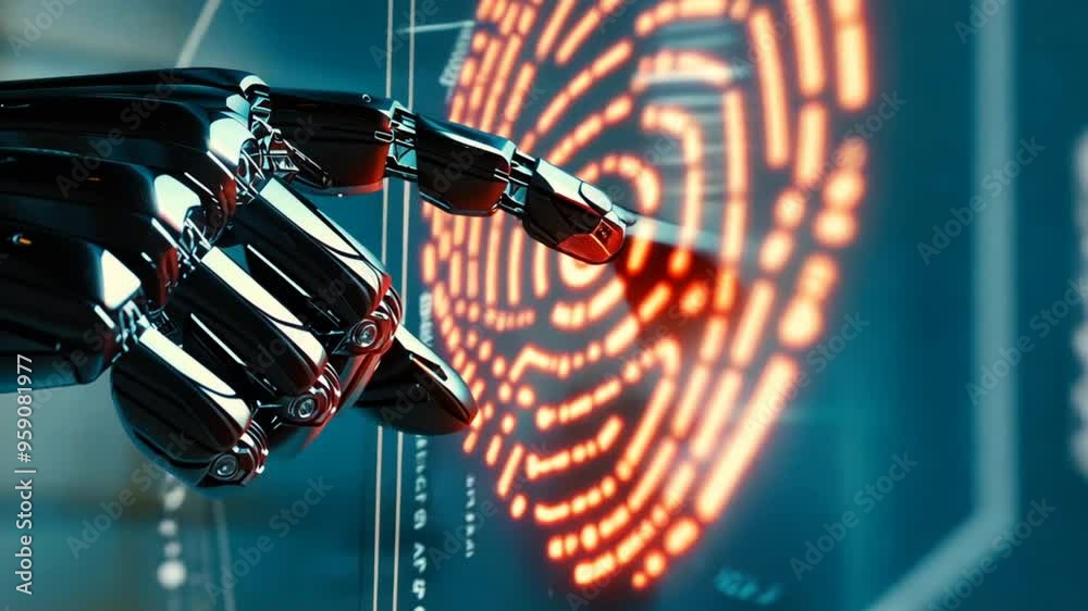 Poster A robot is pointing at a blue circle on a screen. The robot is made of metal and has a human-like appearance. The blue circle is a symbol that represents a security check or a password