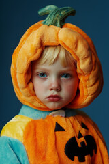 Cute Child in Pumpkin Costume for Halloween