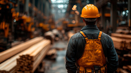Obraz premium Man with a hard hat in the foreground with his back facing the camera.