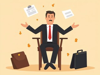 Overwhelmed businessman in suit surrounded by falling documents, briefcases, and money.