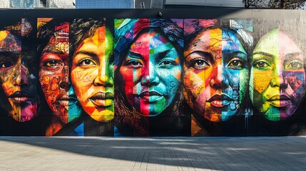 Fototapeta premium Vibrant Faces Mural on Urban City Wall