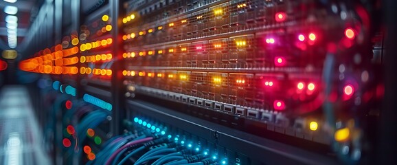 Fototapeta premium Close up of a server rack with glowing lights.