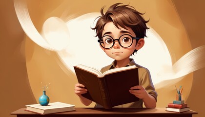 boy readings books with cartoon style 