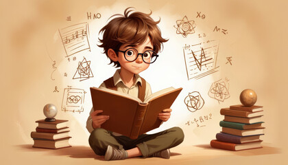 boy readings books with cartoon style 