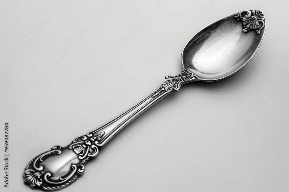 Poster a single spoon sitting on a table, ready for use