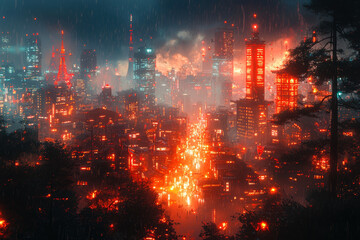 Fototapeta premium A bustling cityscape with neon lights and busy streets contrasted with a quiet, tranquil rural landscape with open fields. Concept of urban versus rural life.