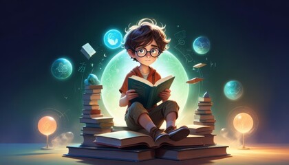 boy readings books with cartoon style 