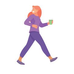Happy Woman Walking with Coffee and Talking to Somebody Vector Illustration