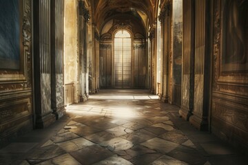 Fototapeta premium A long hallway with a clock on the wall, perfect for interior design or architectural purposes