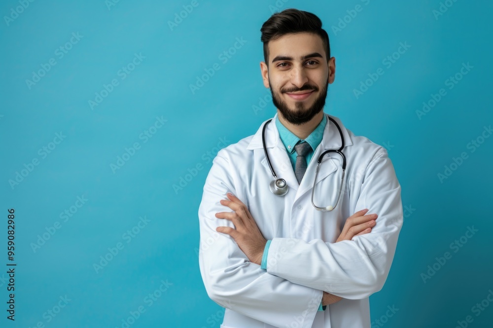 Aufkleber a person wearing a lab coat and tie, standing with arms crossed, ready to discuss or work on somethi