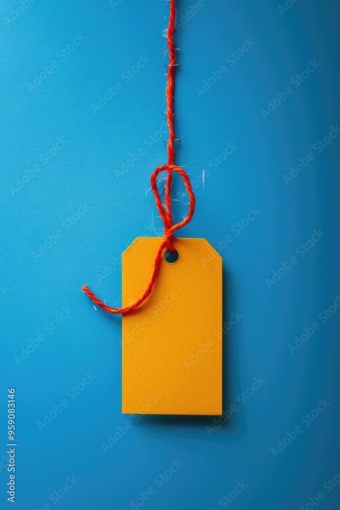 Aufkleber a single yellow tag hanging from a string against a blue background, great for use as a placeholder 