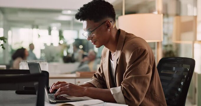 Laptop, typing or business man check email, research or proofreading project for publication in creative startup. Journalist, computer or writing news article, blog or editing review for story online