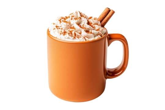 A pumpkin spice latte topped with whipped cream and cinnamon sticks isolated on white transparent background. Halloween beverage concept