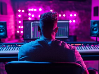 Rear view of a music producer working in a studio, focused on his computer screen.  Neon lights illuminate the room.