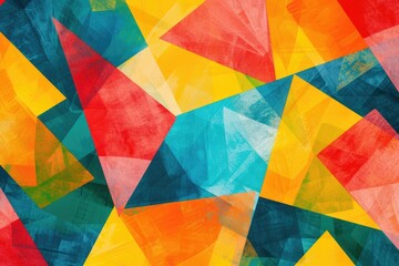 A vibrant artwork featuring interconnected triangles and squares