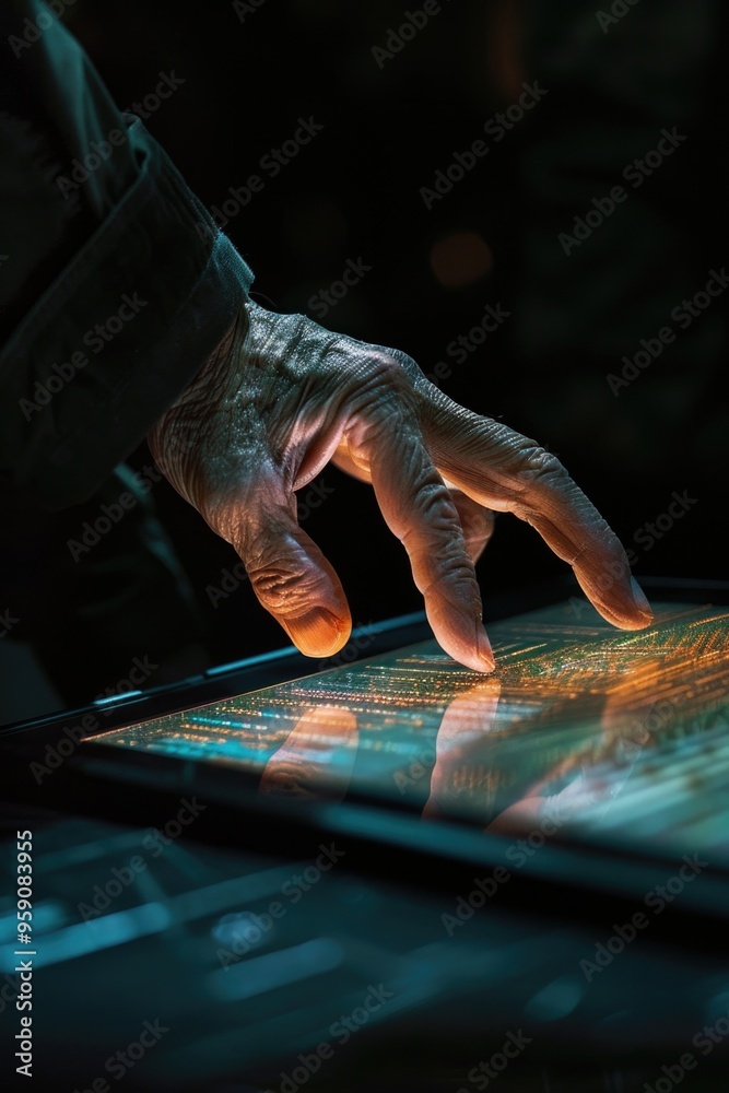 Poster a person's hand is touching the screen of a tablet computer