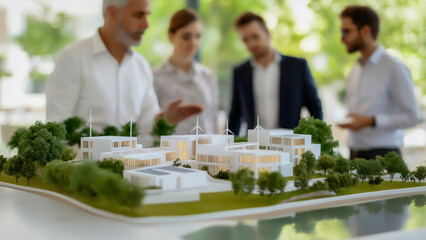 Group of real estate Investors talking and presenting innovative property project models using alternative energy, Using wind turbines, solar cells along with trees and river around the project.