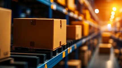 A close-up view of cardboard boxes on shelves in a modern warehouse, showcasing organized storage solutions and logistics.
