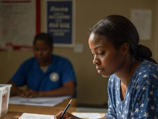 Female volunteer focused on paperwork during the US election in a polling station