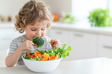Child enjoying a healthy salad with fresh vegetables, emphasizing nutritious eating habits in a bright kitchen setting.