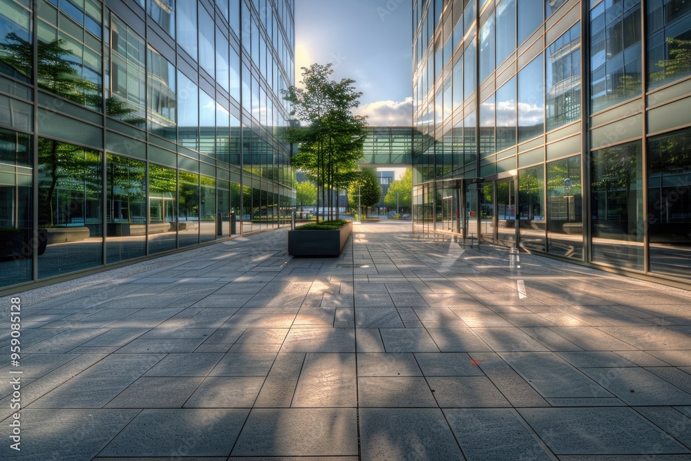 Poster urban scene with a large glass building and empty sidewalk