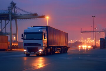 Semi-trailer Truck Driving Through a Container Port at Dusk