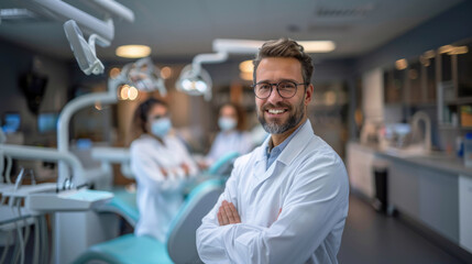 Fototapeta premium Attractive male dentist in a white uniform on the background of a modern dental office. Image for a dental clinic website, advertising dentist services. 