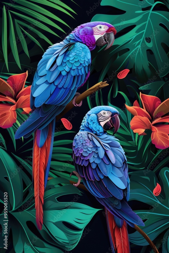 Aufkleber two vibrant parrots sit on the edge of a tree branch, their bright feathers and curious expressions 